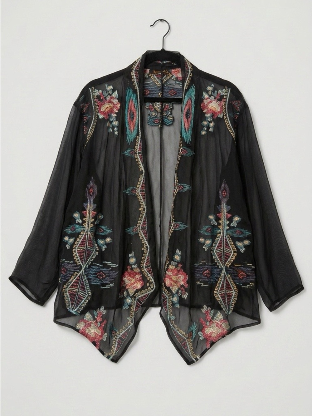Johnny Was Black  velvet  Embroidered Floral Kimono Jacket